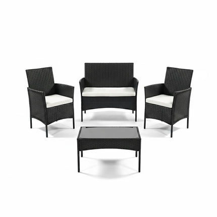 Set Divano da Esterno WATAMU 4 Posti in Polyrattan Nero con Tavolino e Cuscini