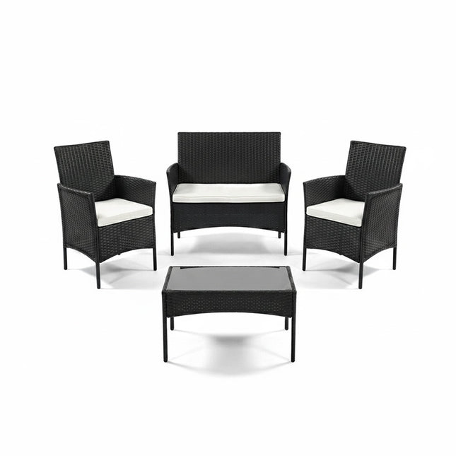 Set Divano da Esterno WATAMU 4 Posti in Polyrattan Nero con Tavolino e Cuscini