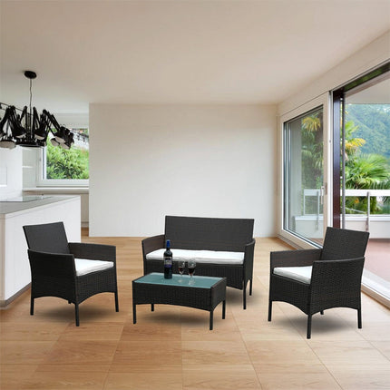 Set Divano da Esterno WATAMU 4 Posti in Polyrattan Nero con Tavolino e Cuscini