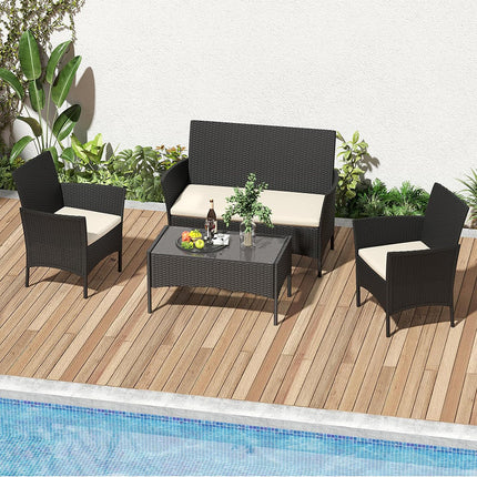 Set Divano da Esterno WATAMU 4 Posti in Polyrattan Nero con Tavolino e Cuscini