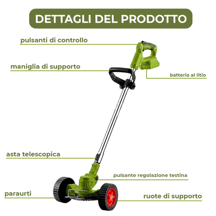 Decespugliatore Batteria V Ruote Rimovibili Tosaerba Telescopico 2 Batterie